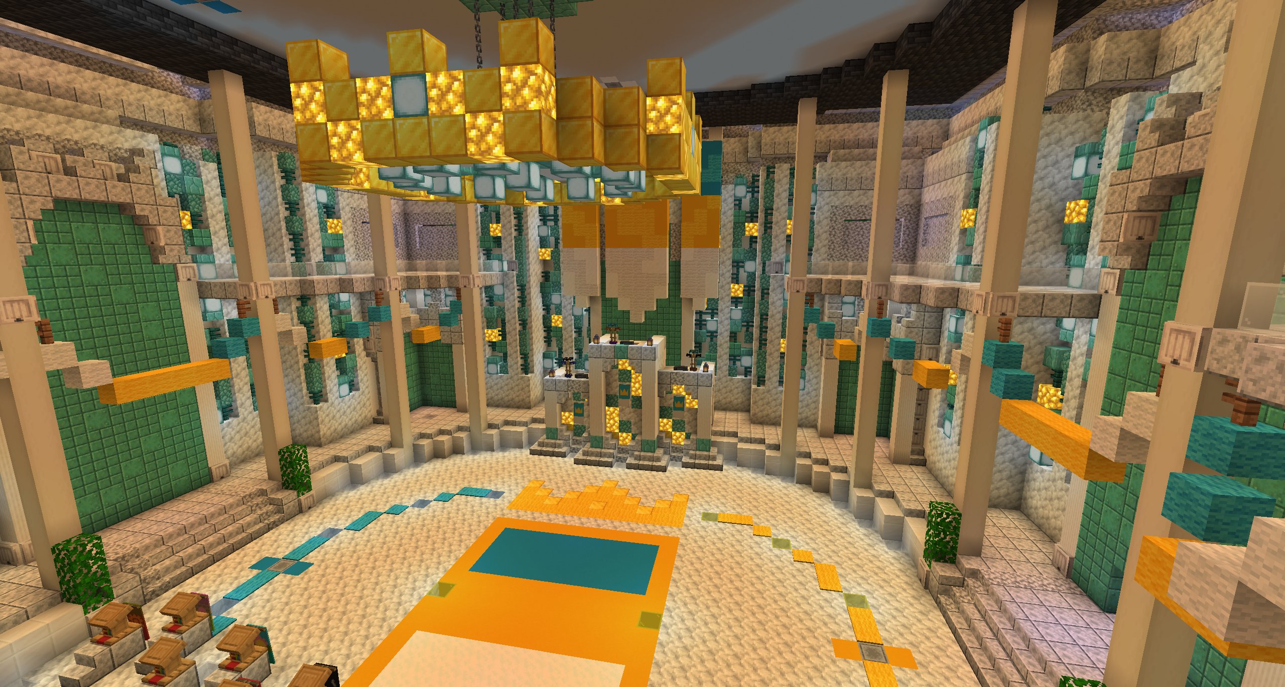 A wider view back across the Commonwealth chamber and its floor banner.