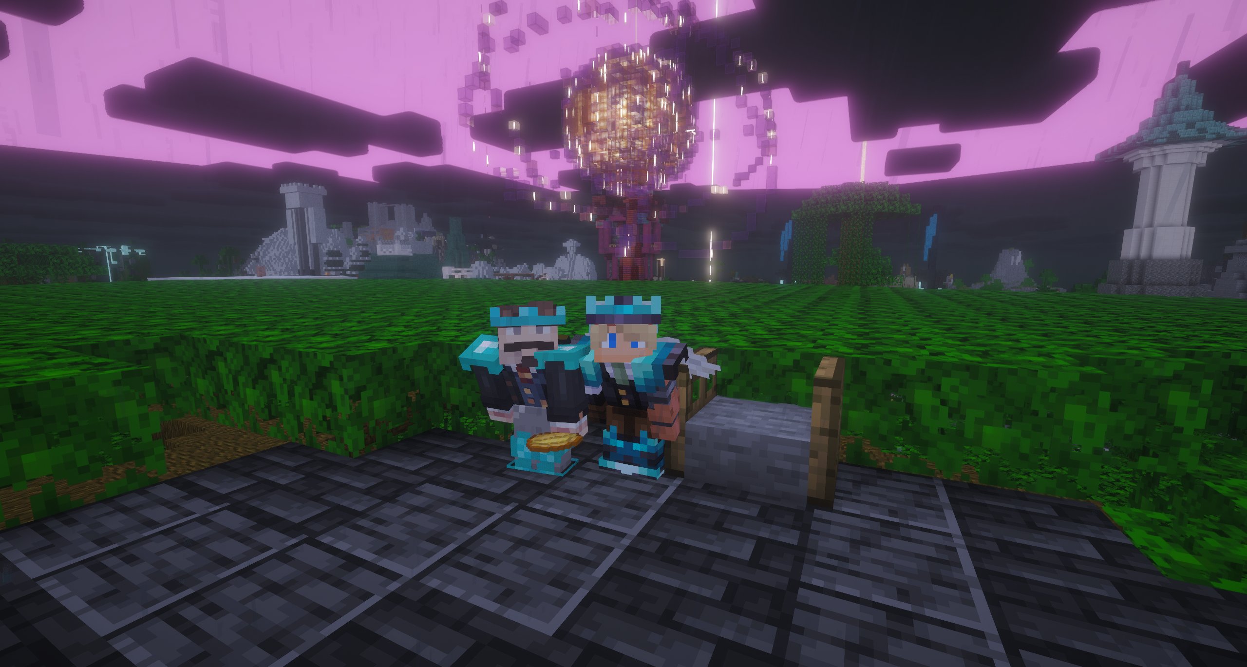 KelsoKevin and his host lgamant standing together on a path, both crowned, beneath a vivid pink sky and a glowing tree.